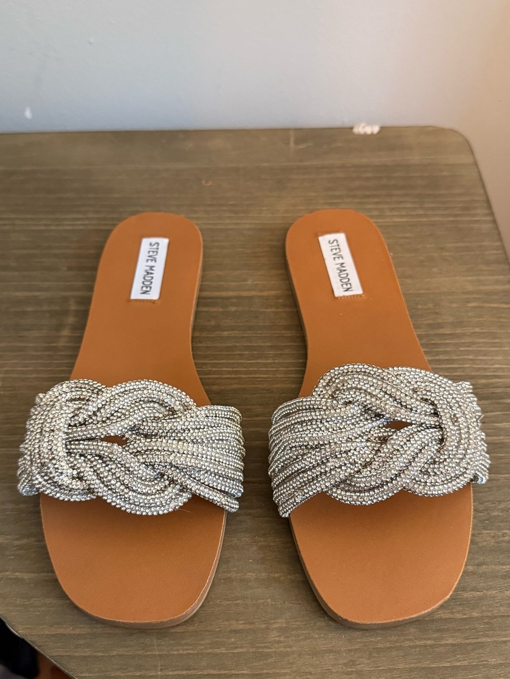 Steve Madden Silver Beaded Knot Slide Sandals - Adore Rhinestone
